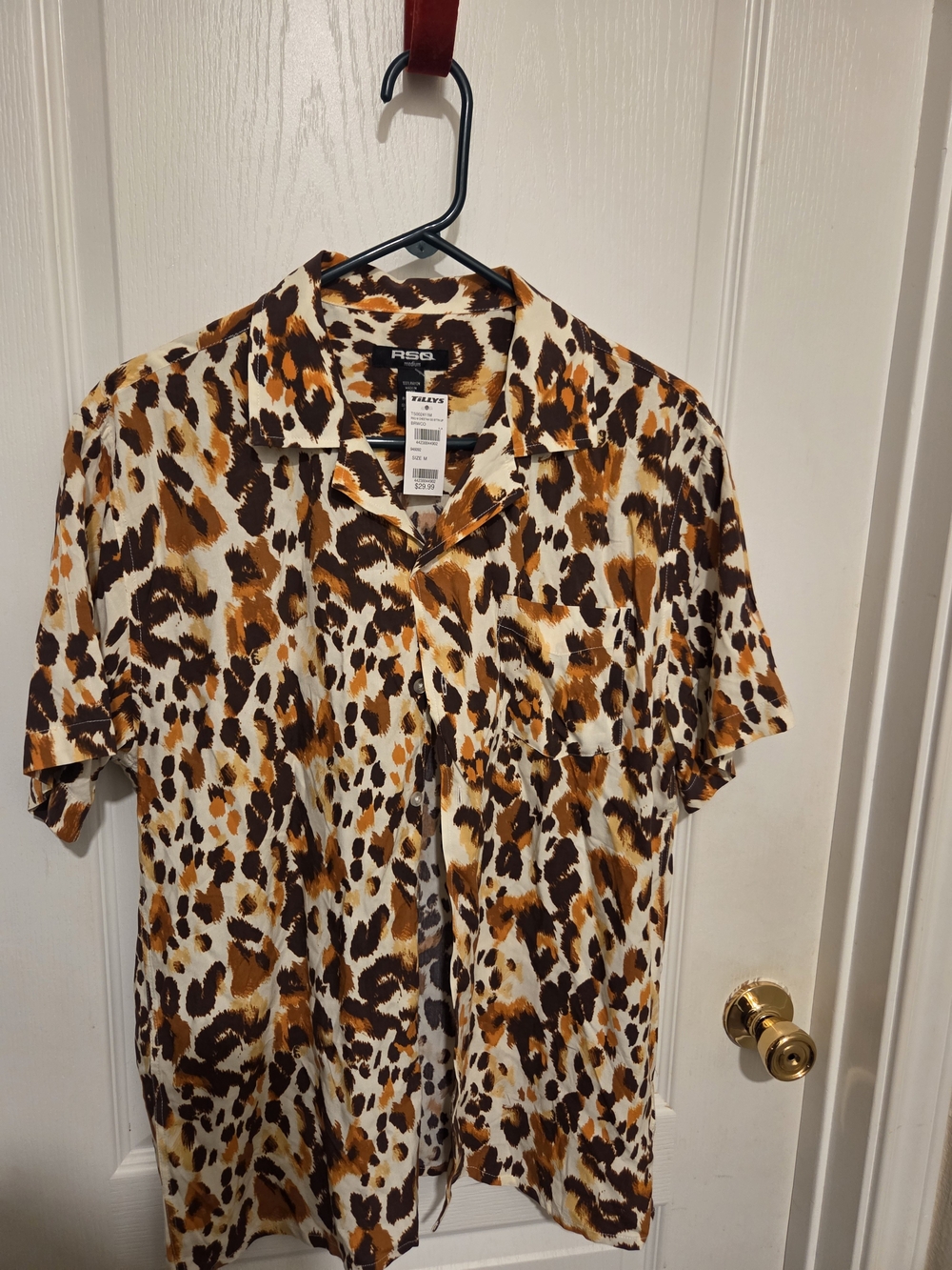 RSQ Men’s Short Sleeve Leopard Print Shirt in Brown & Cream